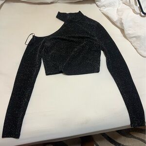Black Glitter One-Shoulder Top